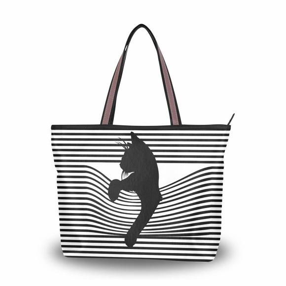 Black Cat Tote Bag With Zier, Black Cat Purse With Pocket :) - Picture 1 of 6